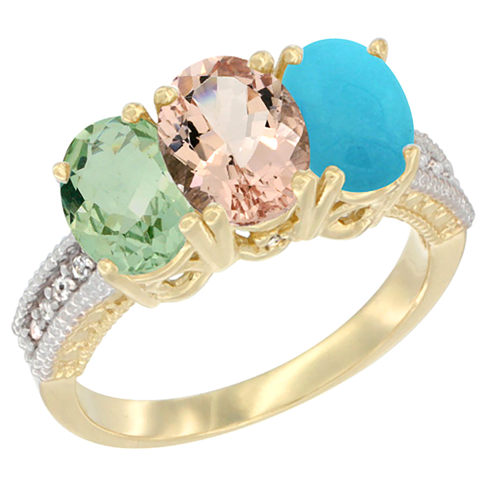 10K Yellow Gold Diamond Natural Green Amethyst, Morganite &amp; Turquoise Ring 3-Stone Oval 7x5 mm, sizes 5 - 10