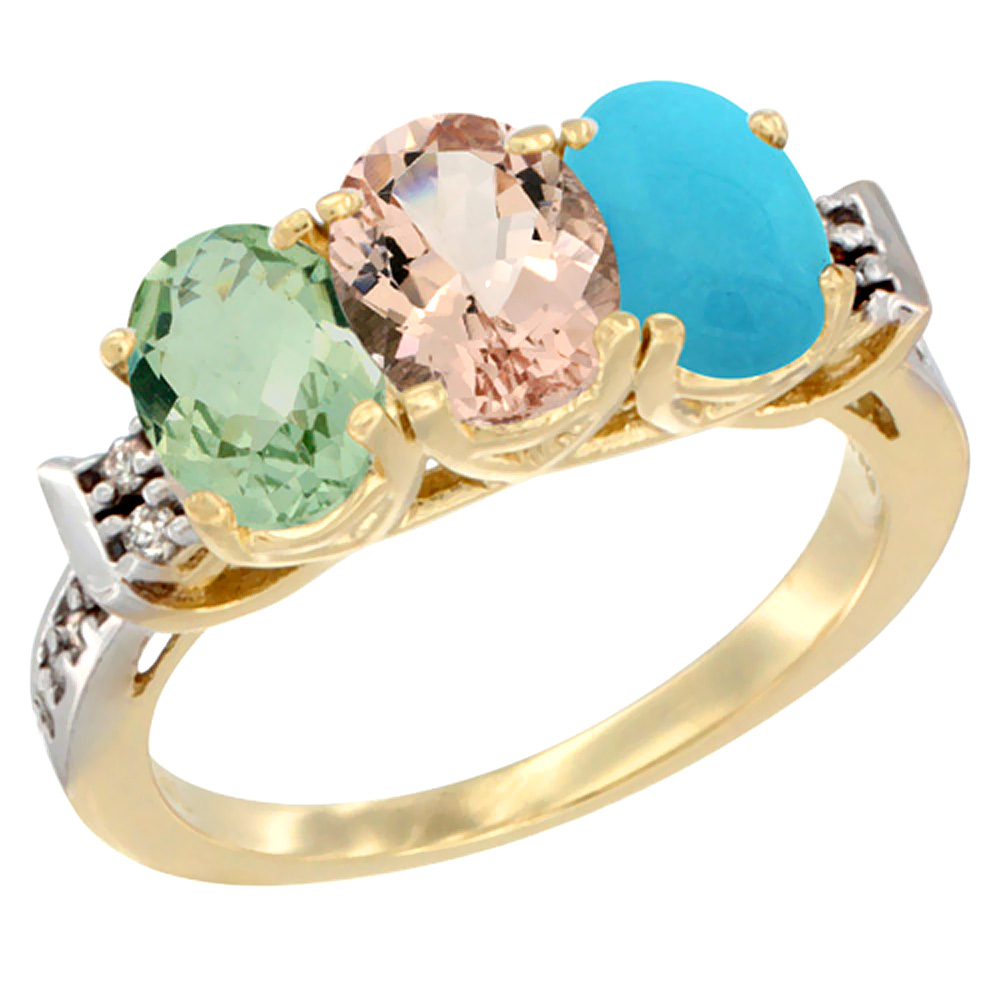14K Yellow Gold Natural Green Amethyst, Morganite &amp; Turquoise Ring 3-Stone 7x5 mm Oval Diamond Accent, sizes 5 - 10