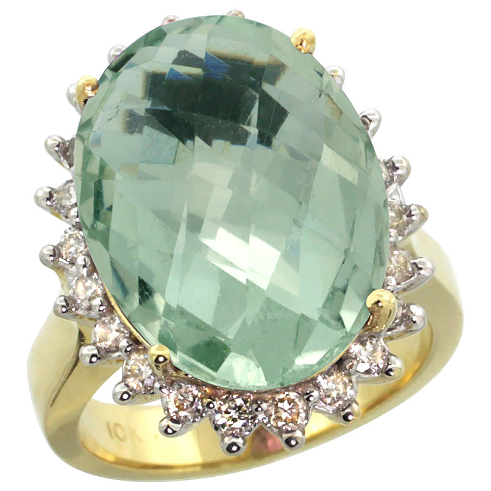 10k Yellow Gold Diamond Halo Natural Green Amethyst Ring Large Oval 18x13mm, sizes 5-10