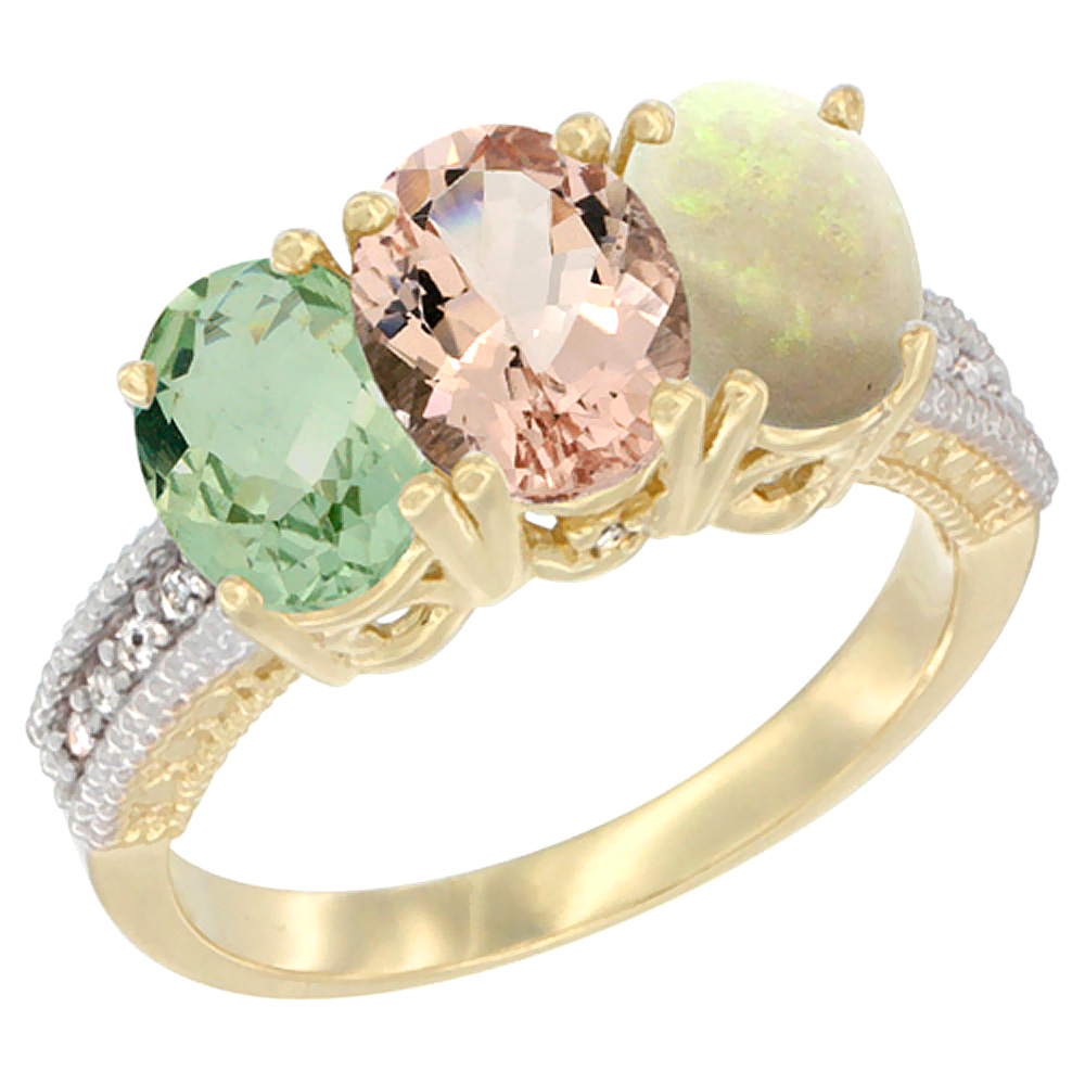 14K Yellow Gold Natural Green Amethyst, Morganite &amp; Opal Ring 3-Stone 7x5 mm Oval Diamond Accent, sizes 5 - 10