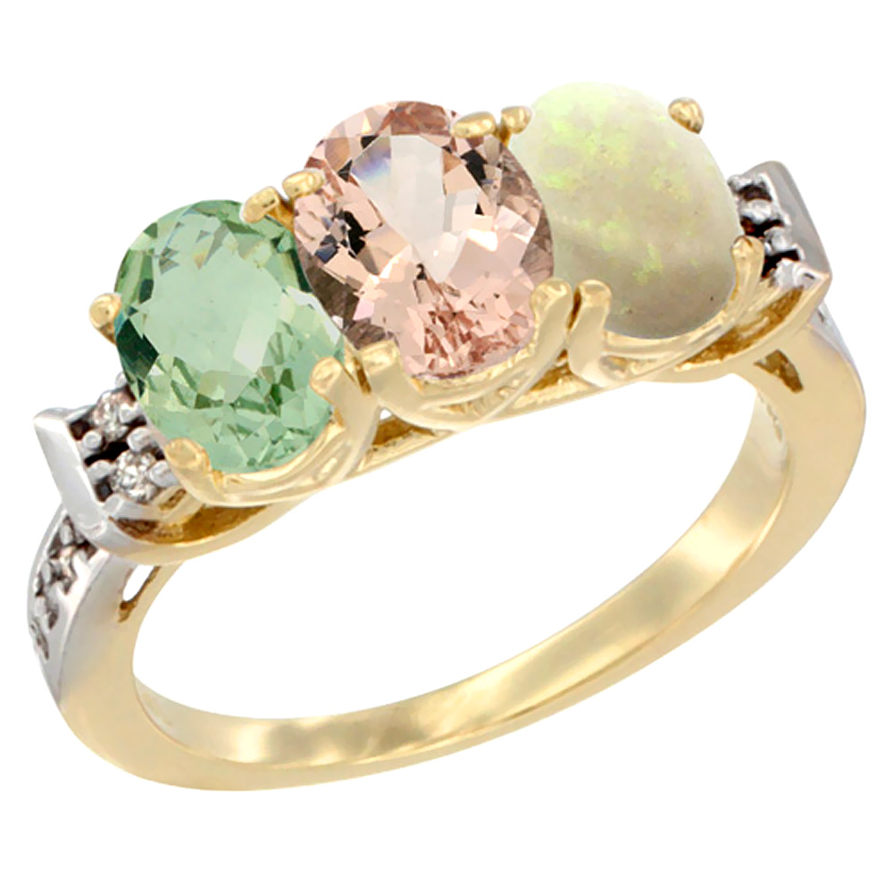 10K Yellow Gold Natural Green Amethyst, Morganite &amp; Opal Ring 3-Stone Oval 7x5 mm Diamond Accent, sizes 5 - 10