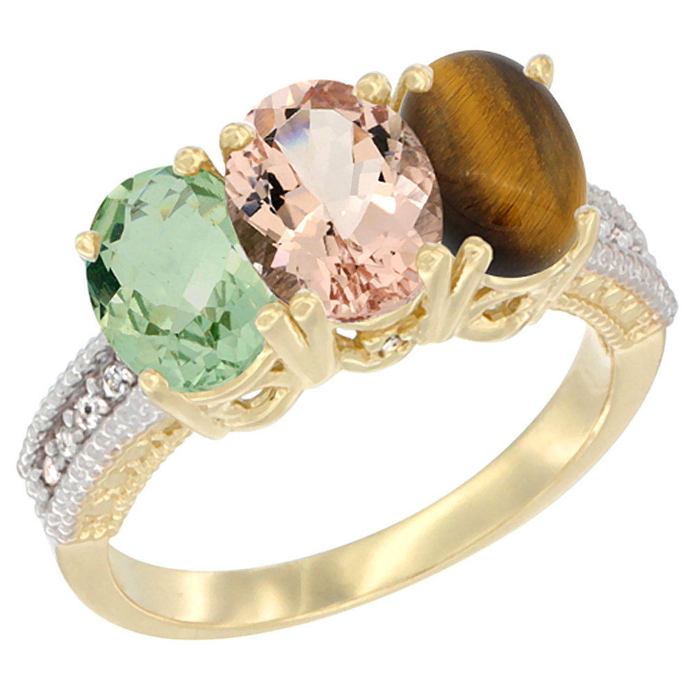 14K Yellow Gold Natural Green Amethyst, Morganite & Tiger Eye Ring 3-Stone 7x5 mm Oval Diamond Accent, sizes 5 - 10