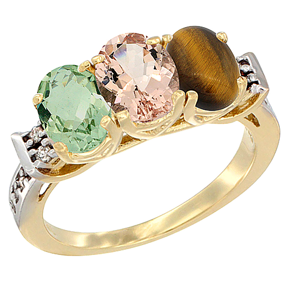 14K Yellow Gold Natural Green Amethyst, Morganite &amp; Tiger Eye Ring 3-Stone 7x5 mm Oval Diamond Accent, sizes 5 - 10