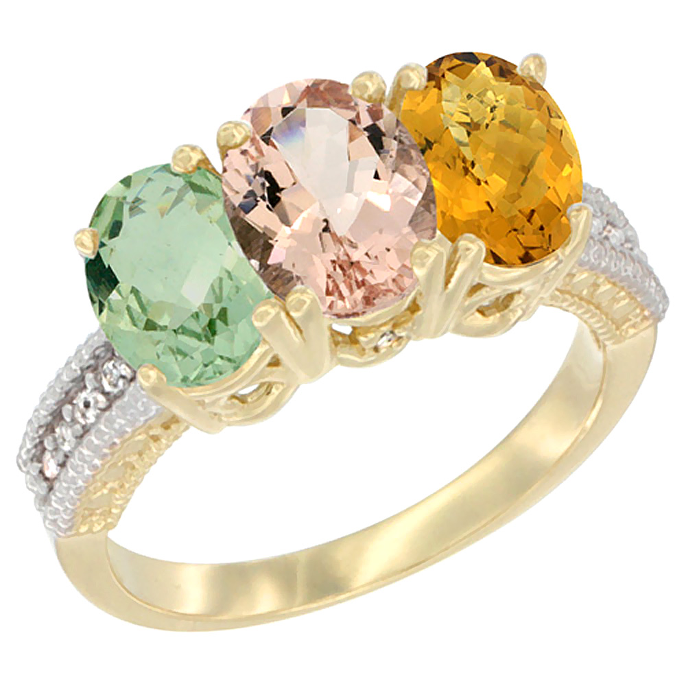 10K Yellow Gold Diamond Natural Green Amethyst, Morganite & Whisky Quartz Ring 3-Stone Oval 7x5 mm, sizes 5 - 10