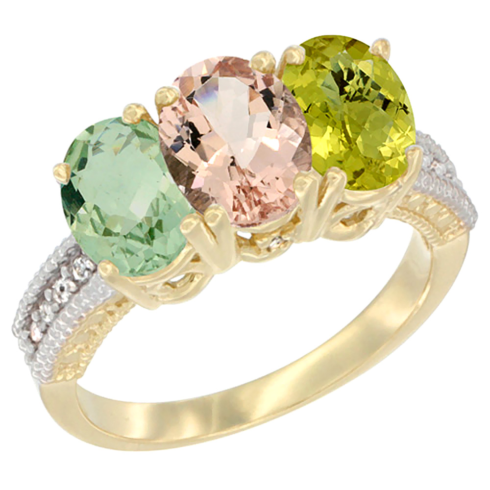 14K Yellow Gold Natural Green Amethyst, Morganite & Lemon Quartz Ring 3-Stone 7x5 mm Oval Diamond Accent, sizes 5 - 10