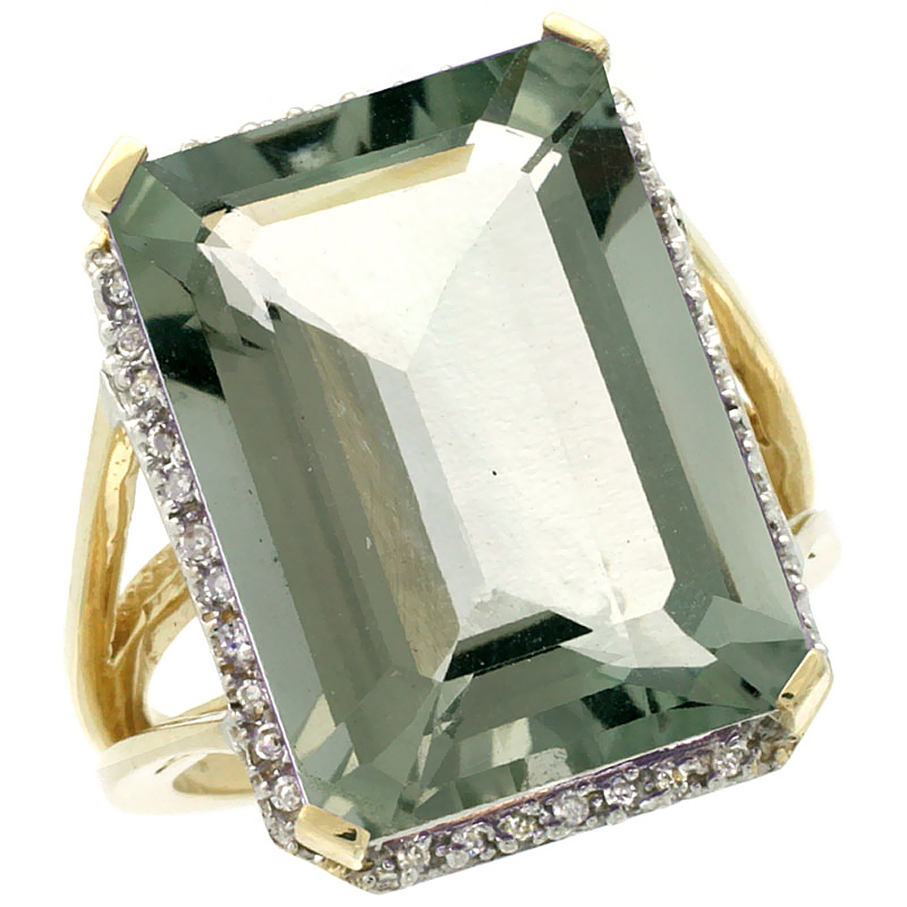 10K Yellow Gold Genuine Diamond Green Amethyst Ring Emerald-cut 18x13mm sizes 5-10