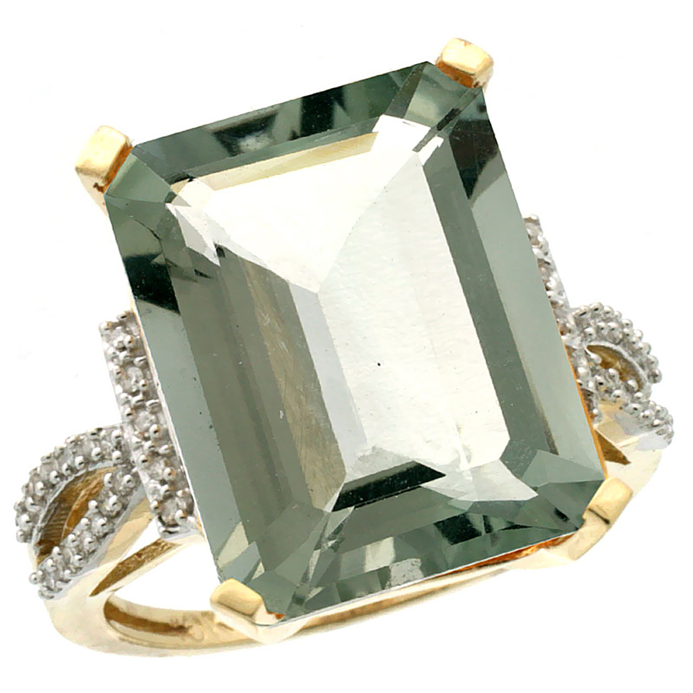 14K Yellow Gold Natural Diamond Green Amethyst Ring Emerald-cut 16x12mm, sizes 5-10