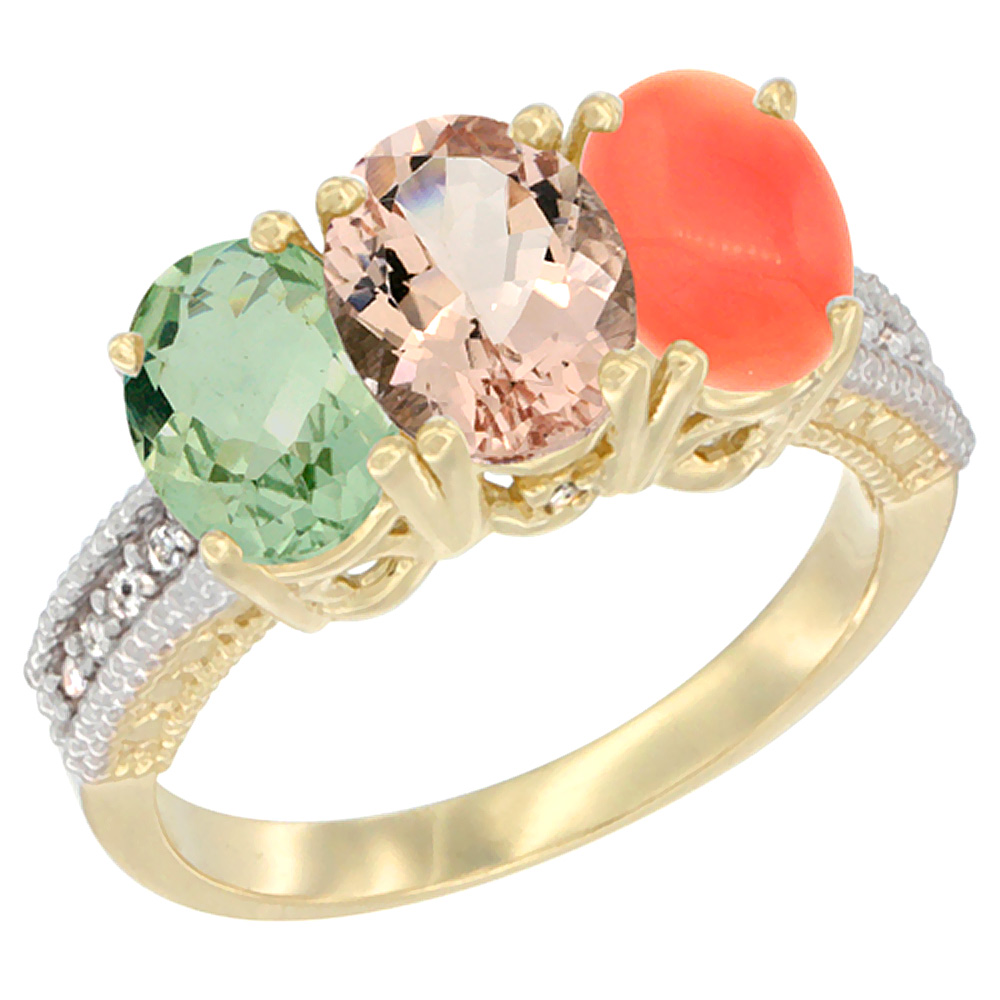 14K Yellow Gold Natural Green Amethyst, Morganite &amp; Coral Ring 3-Stone 7x5 mm Oval Diamond Accent, sizes 5 - 10