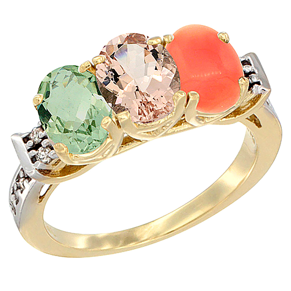 10K Yellow Gold Natural Green Amethyst, Morganite &amp; Coral Ring 3-Stone Oval 7x5 mm Diamond Accent, sizes 5 - 10
