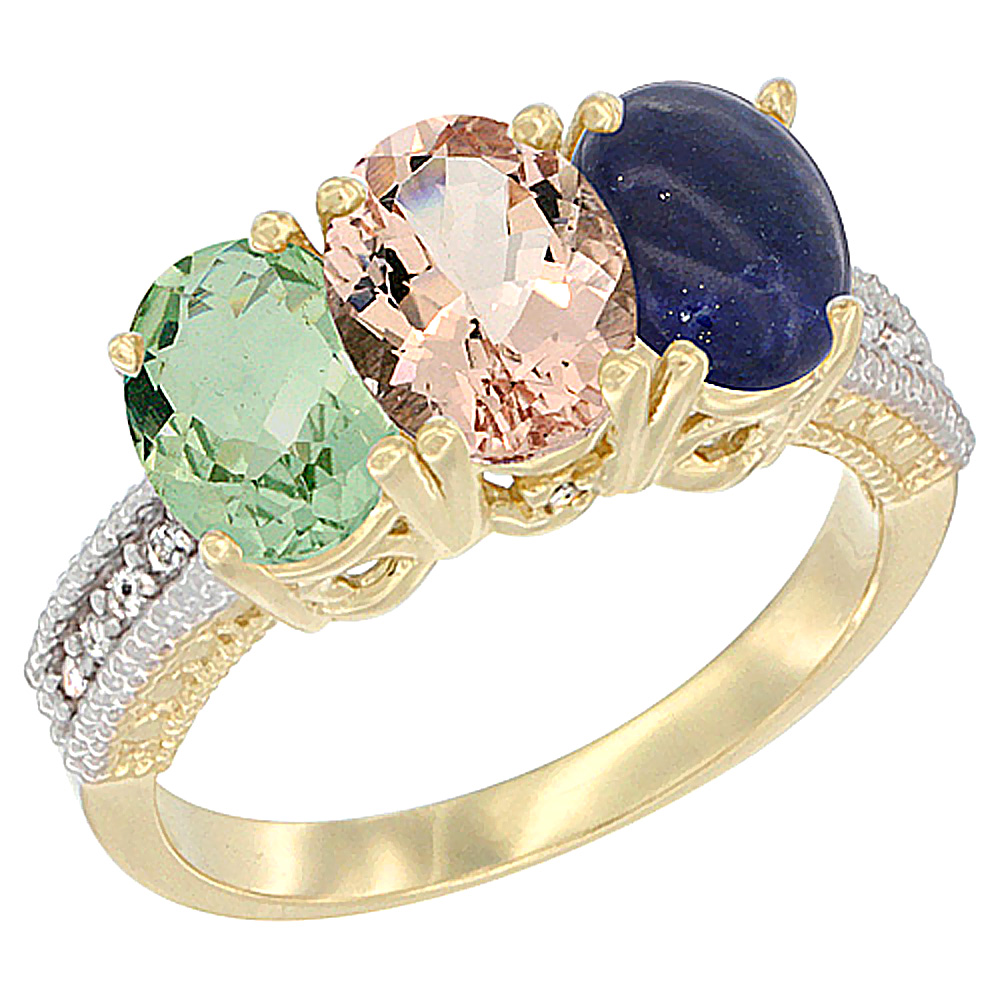 14K Yellow Gold Natural Green Amethyst, Morganite & Lapis Ring 3-Stone 7x5 mm Oval Diamond Accent, sizes 5 - 10