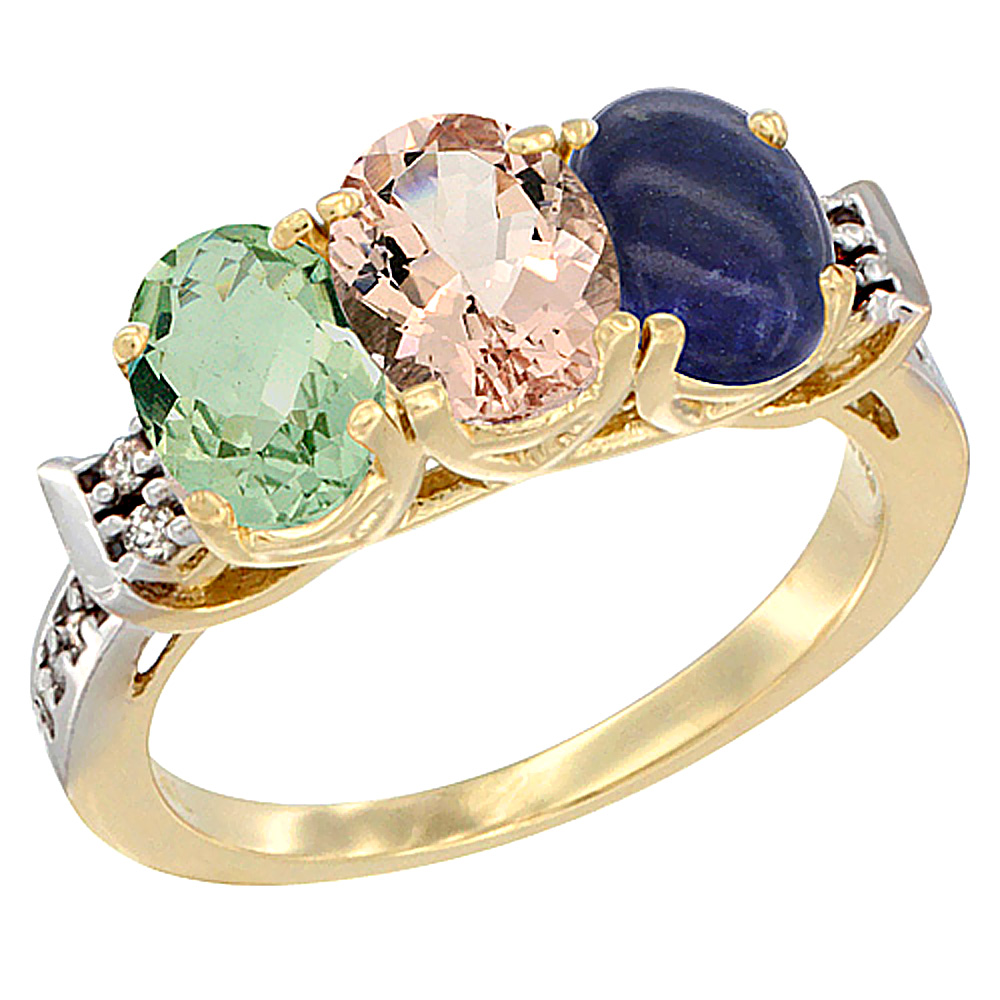 10K Yellow Gold Natural Green Amethyst, Morganite &amp; Lapis Ring 3-Stone Oval 7x5 mm Diamond Accent, sizes 5 - 10