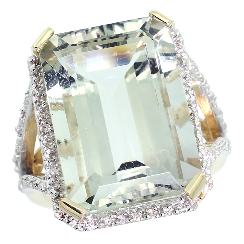 10K Yellow Gold Genuine Diamond Green Amethyst Ring Emerald-cut 18x13mm sizes 5-10