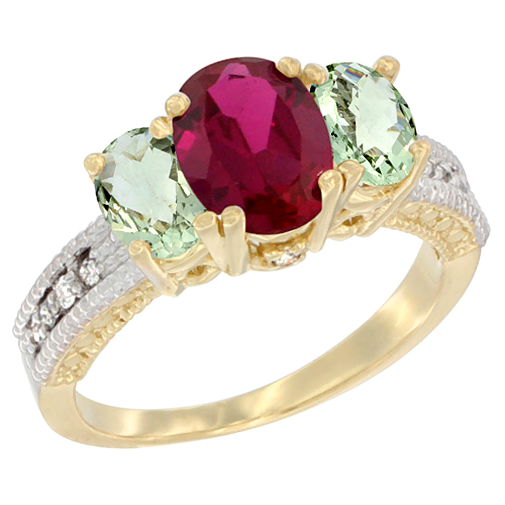 10K Yellow Gold Diamond Quality Ruby 7x5mm &amp; 6x4mm Green Amethyst Oval 3-stone Mothers Ring,size 5 - 10