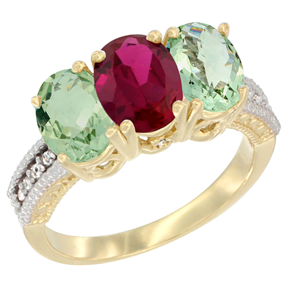 14K Yellow Gold Natural Enhanced Ruby & Natural Green Amethyst Sides Ring 3-Stone 7x5 mm Oval Diamond Accent, sizes 5 - 10
