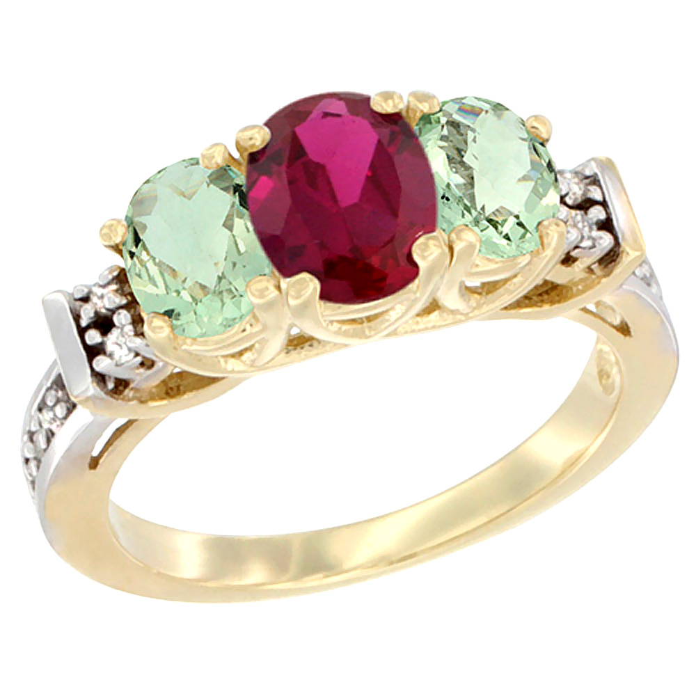 14K Yellow Gold Enhanced Ruby &amp; Natural Green Amethyst Ring 3-Stone Oval Diamond Accent