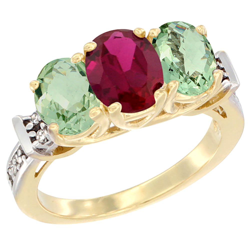 10K Yellow Gold Enhanced Ruby & Green Amethyst Sides Ring 3-Stone Oval Diamond Accent, sizes 5 - 10