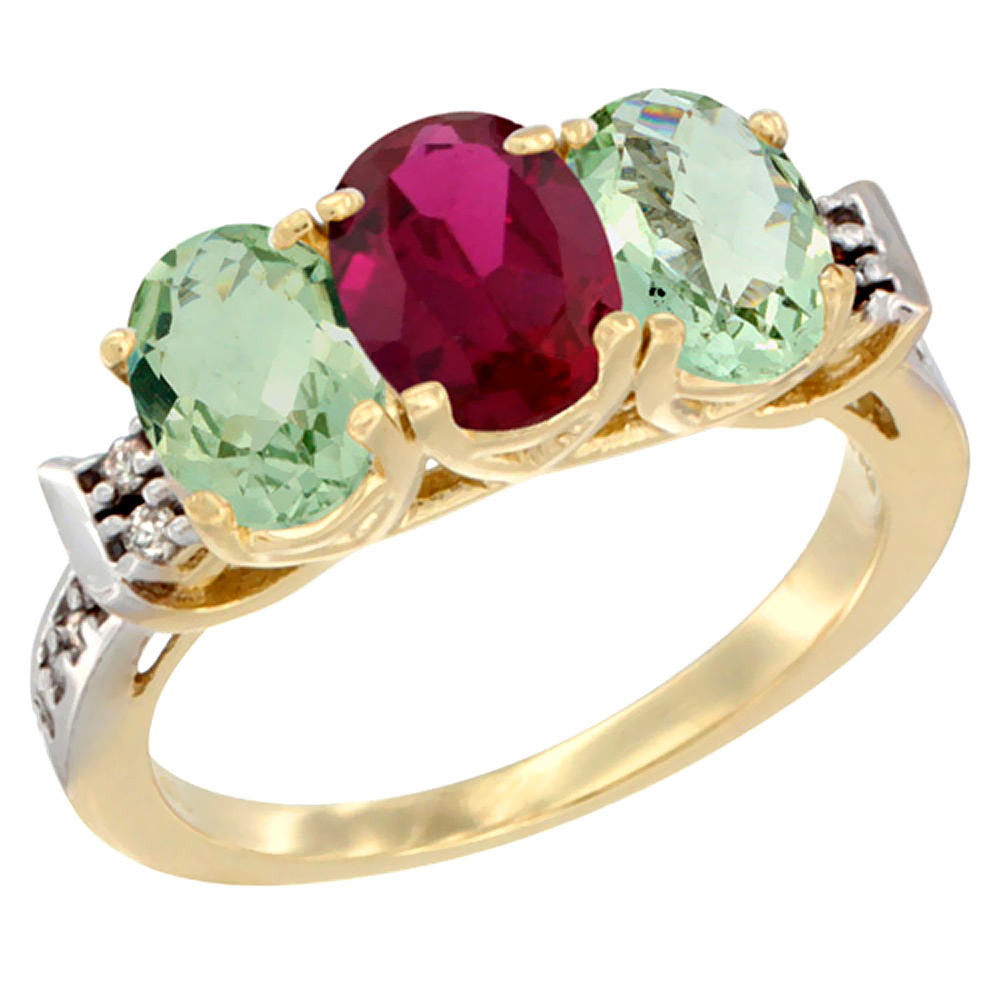 14K Yellow Gold Natural Enhanced Ruby &amp; Natural Green Amethyst Sides Ring 3-Stone 7x5 mm Oval Diamond Accent, sizes 5 - 10