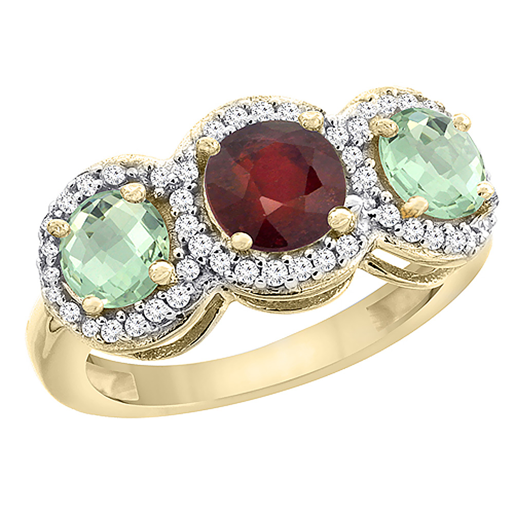 14K Yellow Gold Enhanced Ruby &amp; Green Amethyst Sides Round 3-stone Ring Diamond Accents, sizes 5 - 10