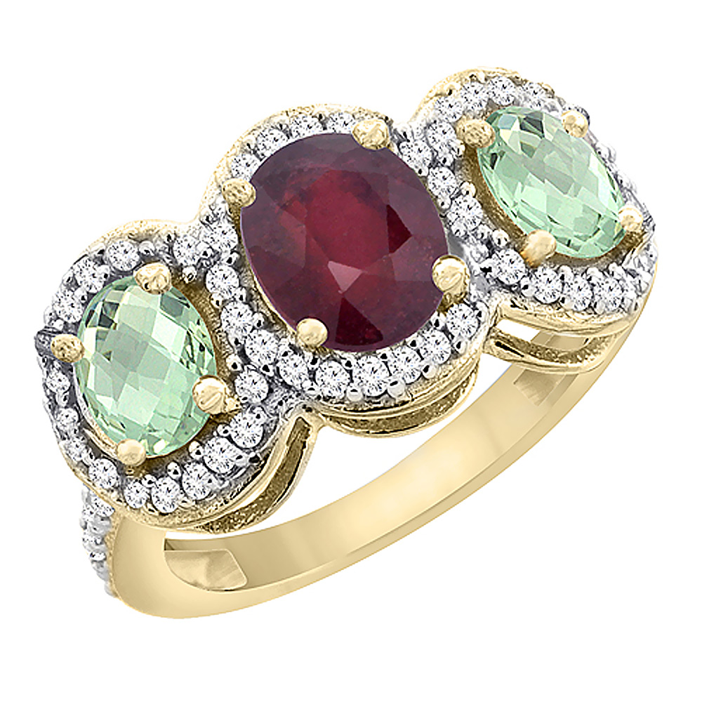 14K Yellow Gold Natural Quality Ruby &amp; Green Amethyst 3-stone Mothers Ring Oval Diamond Accent, sz5 - 10