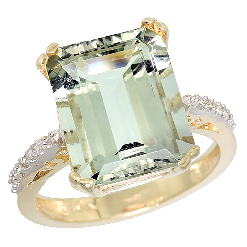 10K Yellow Gold Genuine Diamond Green Amethyst Ring Emerald-cut 12x10mm sizes 5-10