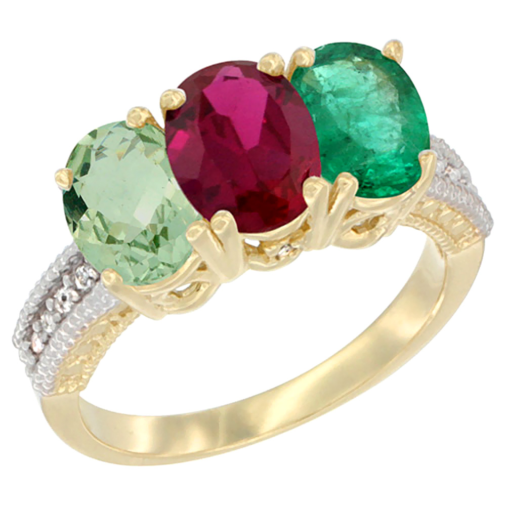 10K Yellow Gold Diamond Natural Green Amethyst, Enhanced Ruby &amp; Natural Emerald Ring 3-Stone Oval 7x5 mm, sizes 5 - 10