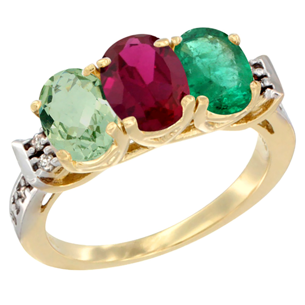 10K Yellow Gold Natural Green Amethyst, Enhanced Ruby & Natural Emerald Ring 3-Stone Oval 7x5 mm Diamond Accent, sizes 5 - 10
