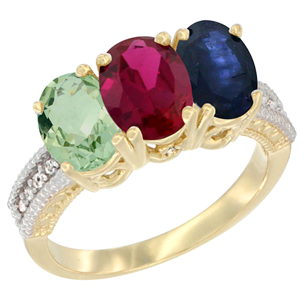 14K Yellow Gold Natural Green Amethyst, Enhanced Ruby & Natural Blue Sapphire Ring 3-Stone 7x5 mm Oval Diamond Accent, sizes 5 - 10