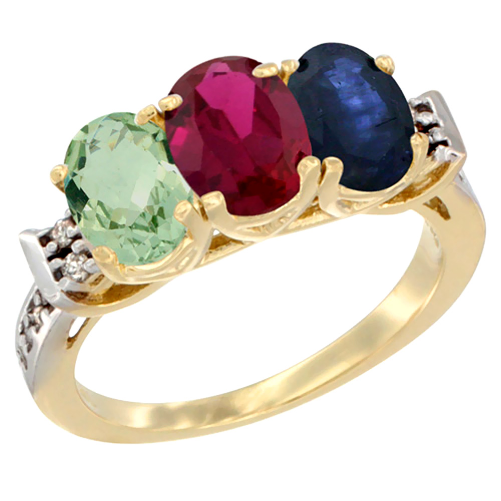 10K Yellow Gold Natural Green Amethyst, Enhanced Ruby &amp; Natural Blue Sapphire Ring 3-Stone Oval 7x5 mm Diamond Accent, sizes 5 - 10