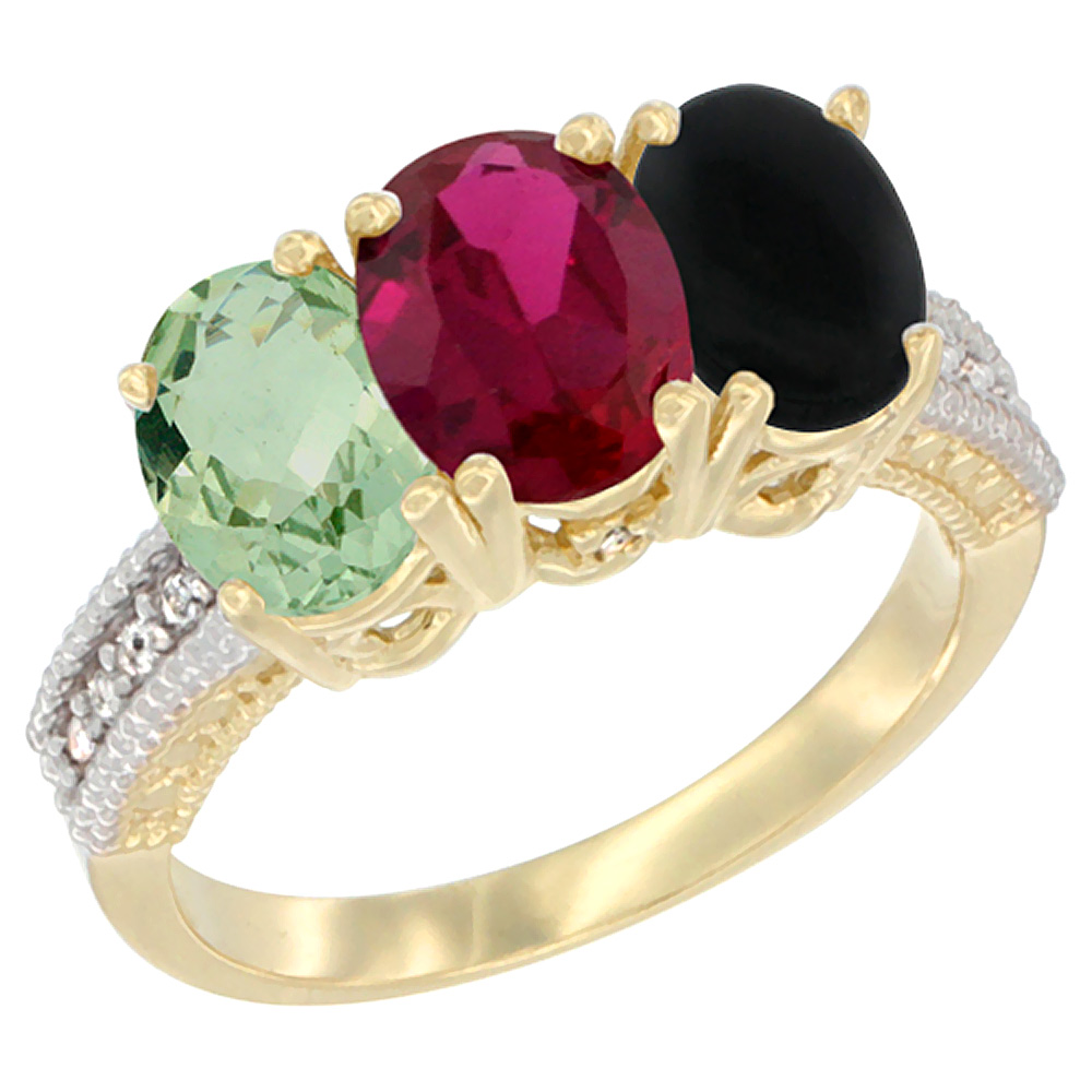 14K Yellow Gold Natural Green Amethyst, Enhanced Ruby &amp; Natural Black Onyx Ring 3-Stone 7x5 mm Oval Diamond Accent, sizes 5 - 10