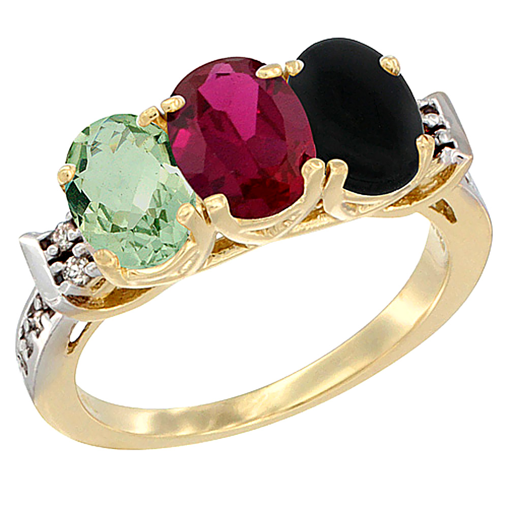 10K Yellow Gold Natural Green Amethyst, Enhanced Ruby & Natural Black Onyx Ring 3-Stone Oval 7x5 mm Diamond Accent, sizes 5 - 10