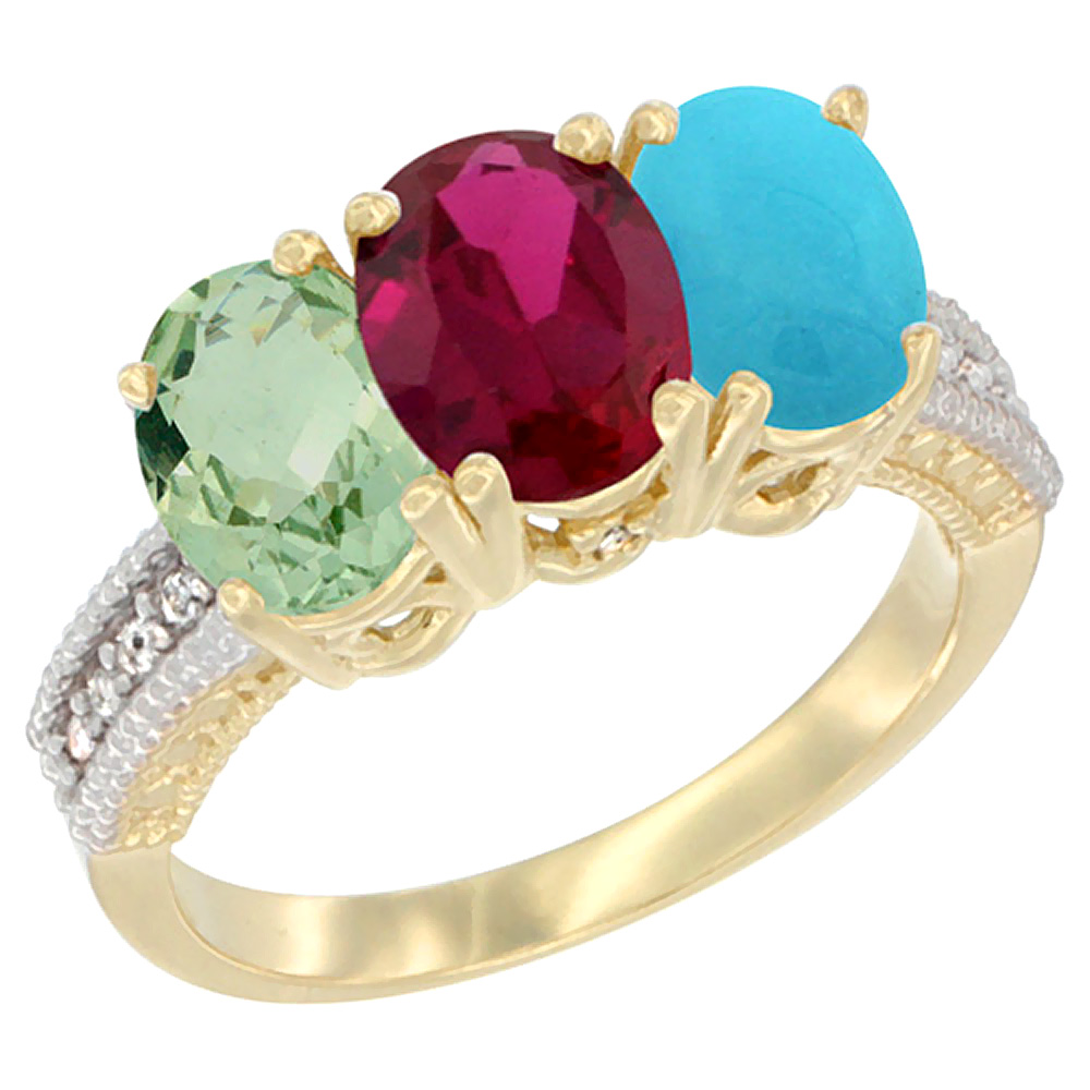 10K Yellow Gold Diamond Natural Green Amethyst, Enhanced Ruby & Natural Turquoise Ring 3-Stone Oval 7x5 mm, sizes 5 - 10