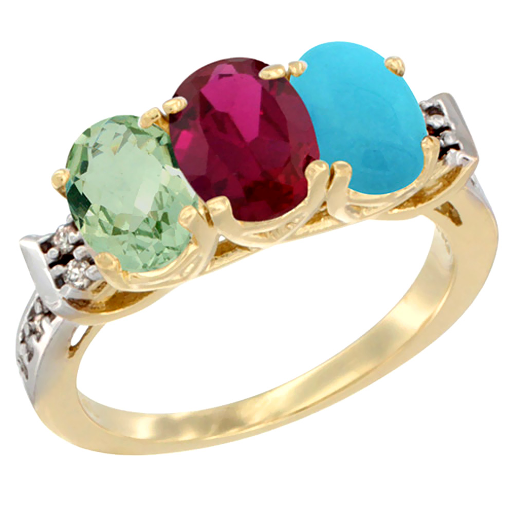 10K Yellow Gold Natural Green Amethyst, Enhanced Ruby & Natural Turquoise Ring 3-Stone Oval 7x5 mm Diamond Accent, sizes 5 - 10