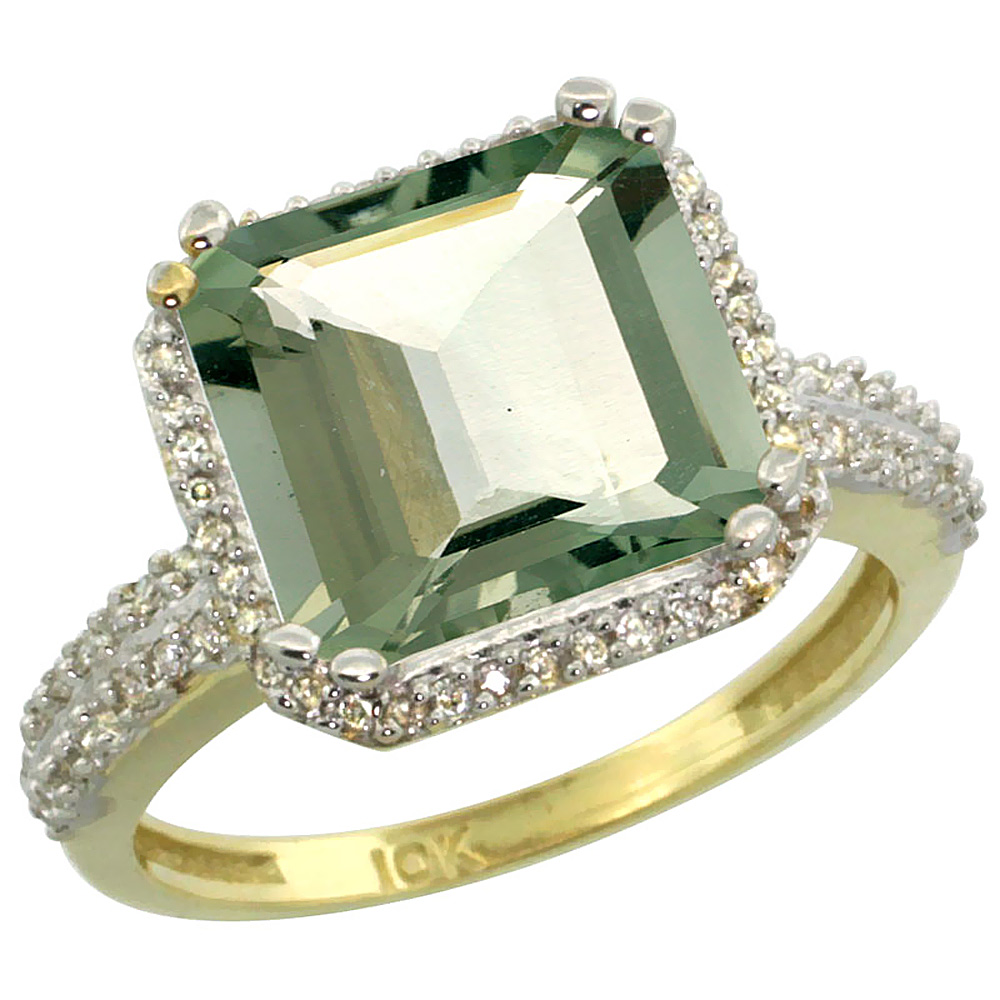 10k Yellow Gold Diamond Halo Genuine Green Amethyst Ring Cushion-cut 11x11mm sizes 5-10