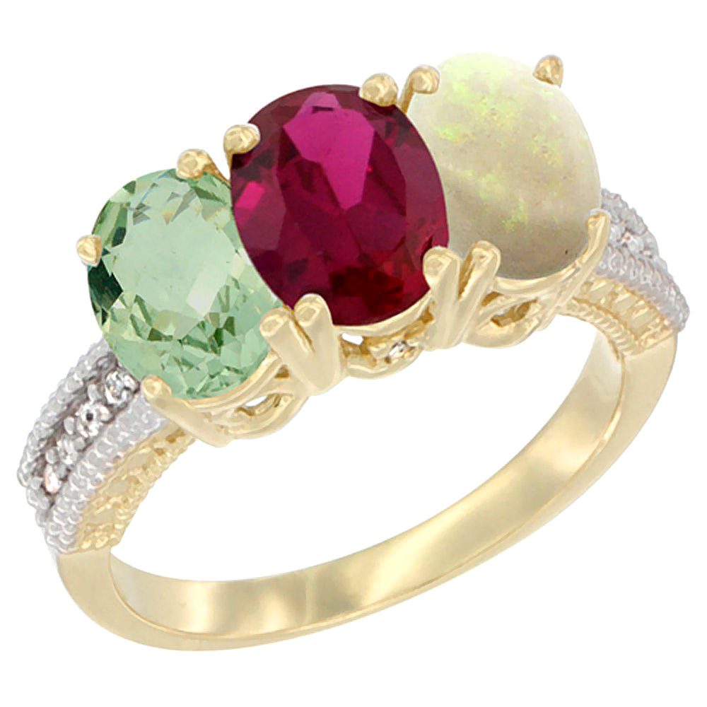 14K Yellow Gold Natural Green Amethyst, Enhanced Ruby &amp; Natural Opal Ring 3-Stone 7x5 mm Oval Diamond Accent, sizes 5 - 10