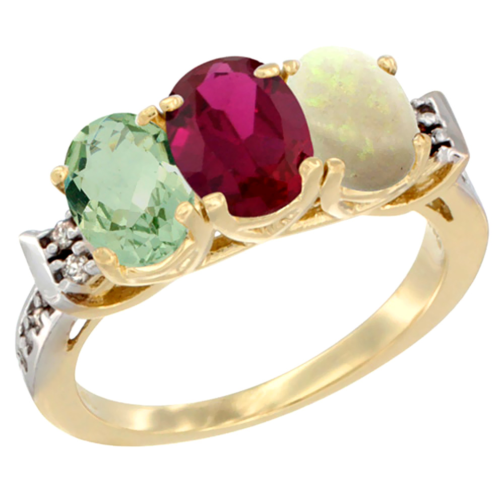 10K Yellow Gold Natural Green Amethyst, Enhanced Ruby & Natural Opal Ring 3-Stone Oval 7x5 mm Diamond Accent, sizes 5 - 10