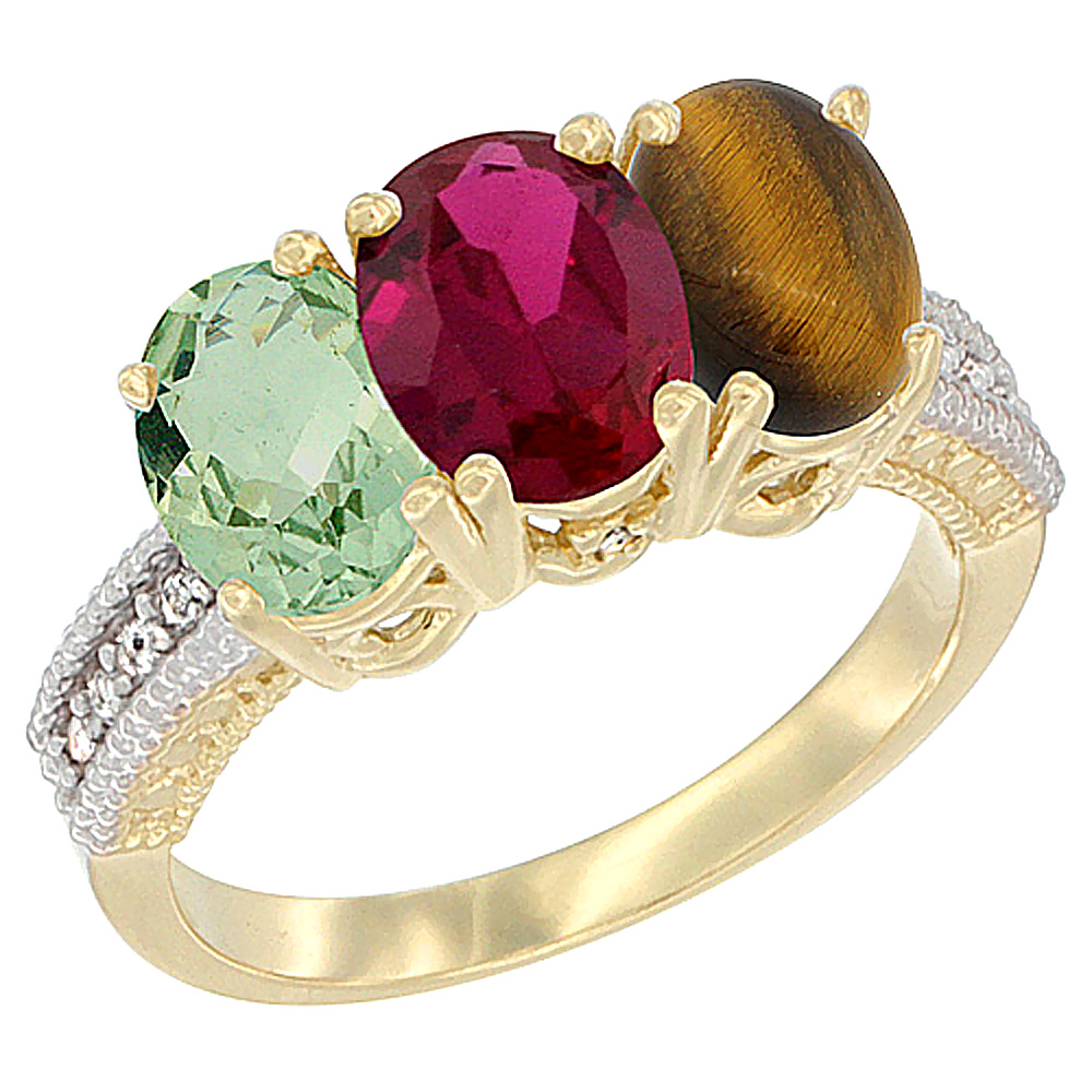 10K Yellow Gold Diamond Natural Green Amethyst, Enhanced Ruby & Natural Tiger Eye Ring 3-Stone Oval 7x5 mm, sizes 5 - 10