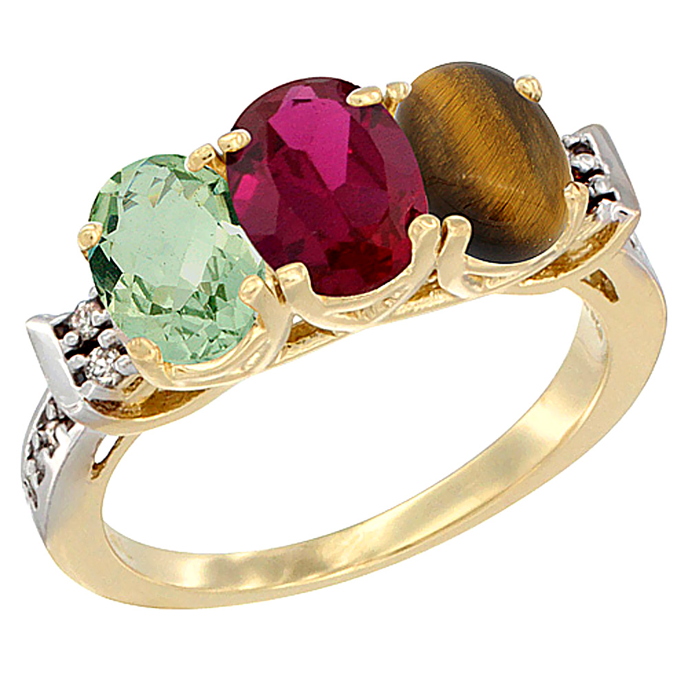 14K Yellow Gold Natural Green Amethyst, Enhanced Ruby &amp; Natural Tiger Eye Ring 3-Stone 7x5 mm Oval Diamond Accent, sizes 5 - 10