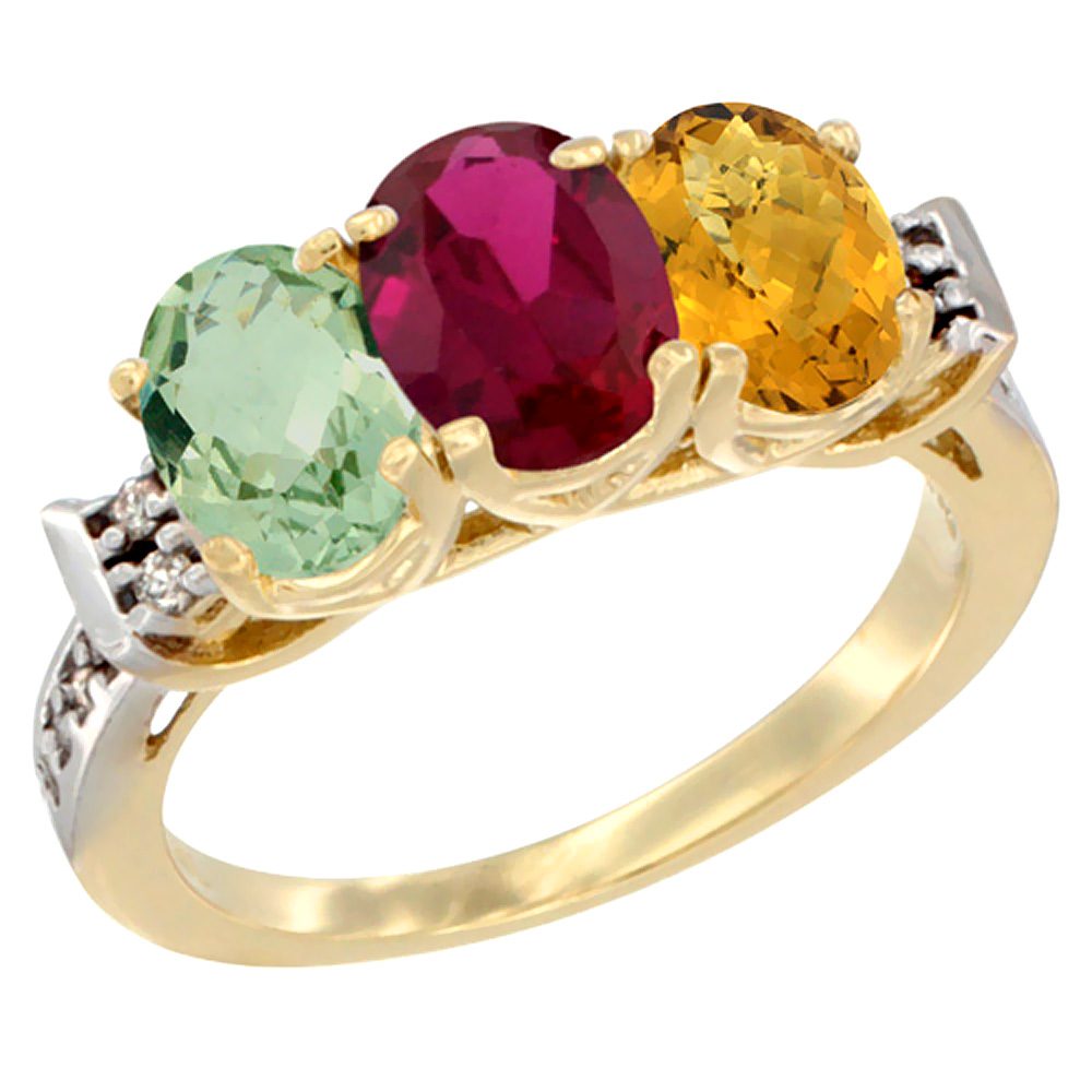 14K Yellow Gold Natural Green Amethyst, Enhanced Ruby &amp; Natural Whisky Quartz Ring 3-Stone 7x5 mm Oval Diamond Accent, sizes 5 - 10