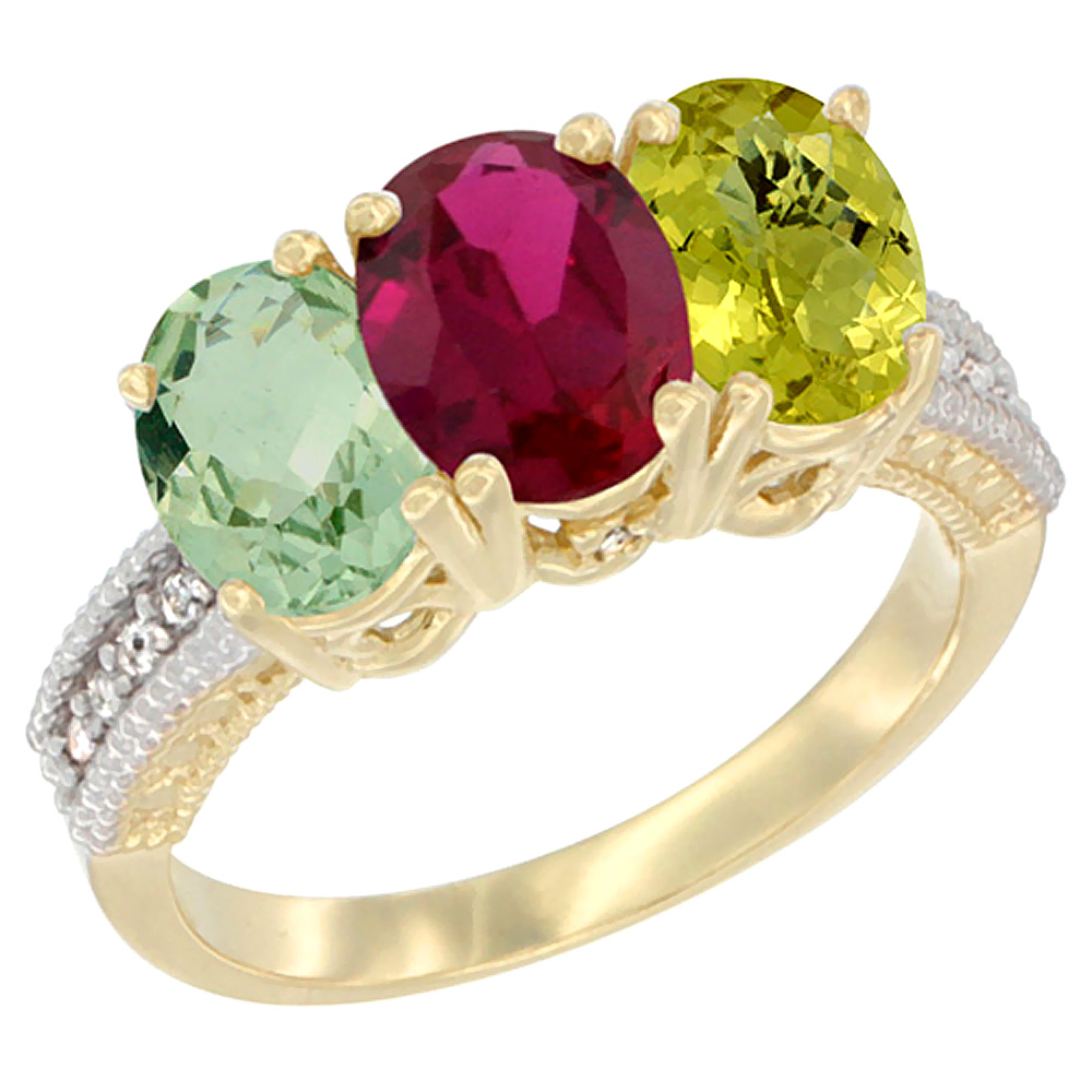 10K Yellow Gold Diamond Natural Green Amethyst, Enhanced Ruby &amp; Natural Lemon Quartz Ring 3-Stone Oval 7x5 mm, sizes 5 - 10