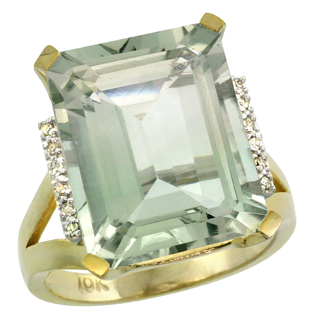 10K Yellow Gold Diamond Genuine Green Amethyst Ring Emerald-cut 16x12mm sizes 5-10