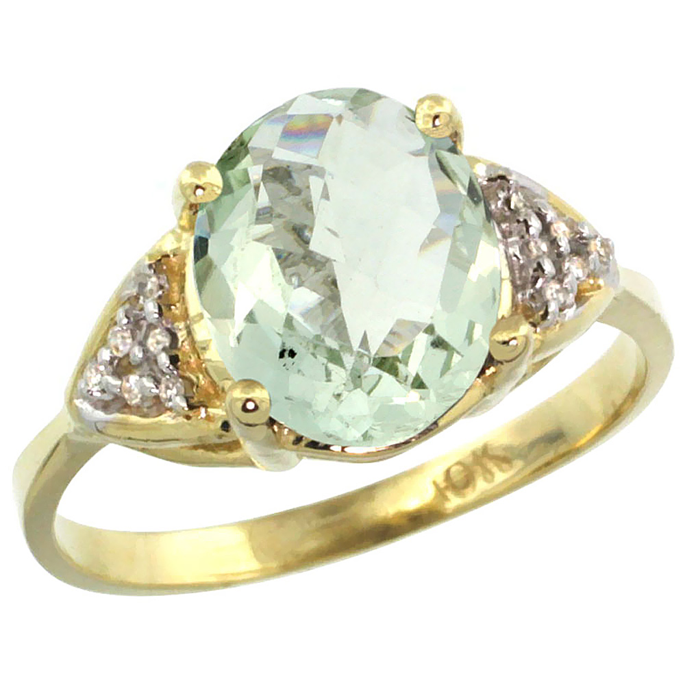 10K Yellow Gold Diamond Genuine Green Amethyst Engagement Ring Oval 10x8mm sizes 5-10