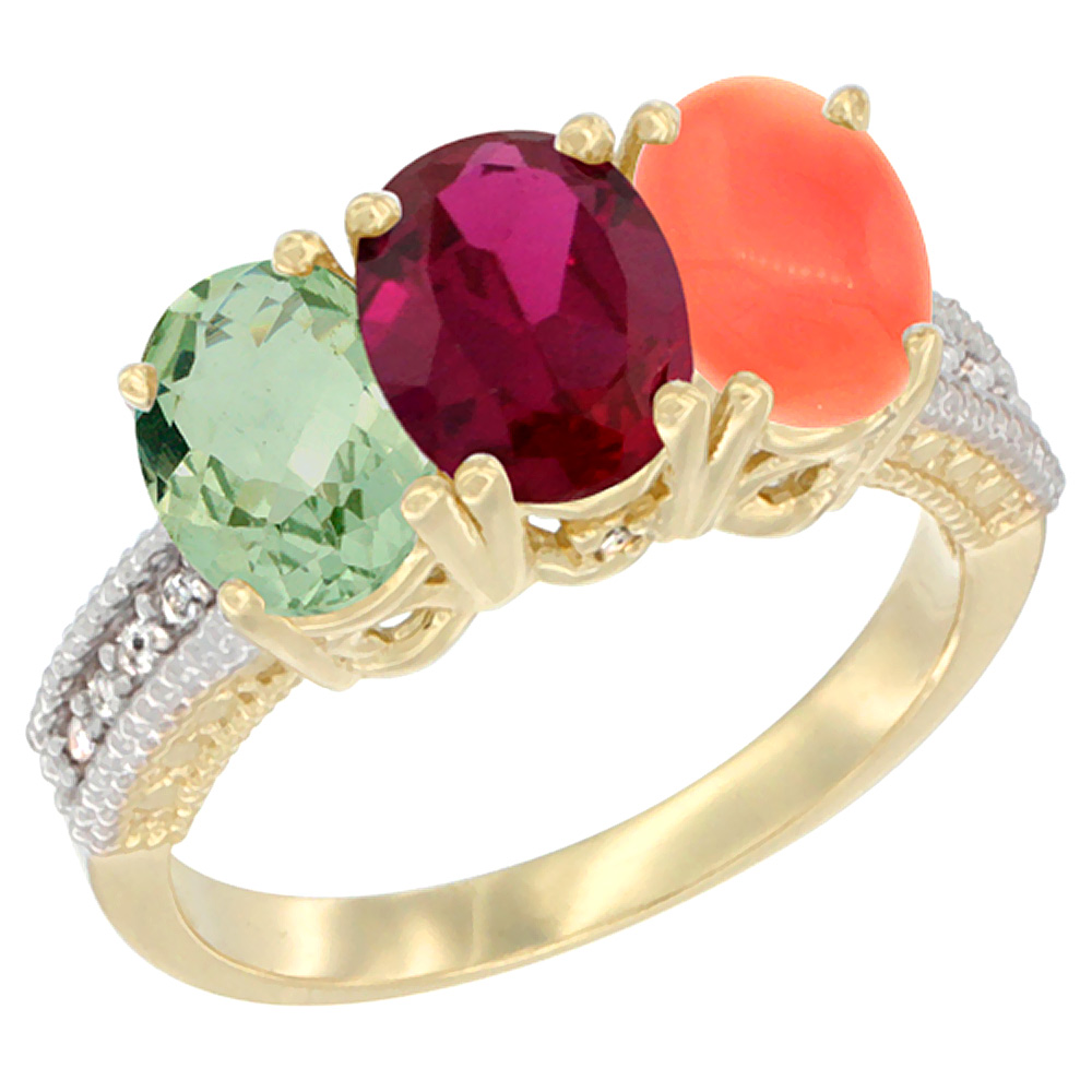 10K Yellow Gold Diamond Natural Green Amethyst, Enhanced Ruby & Natural Coral Ring 3-Stone Oval 7x5 mm, sizes 5 - 10