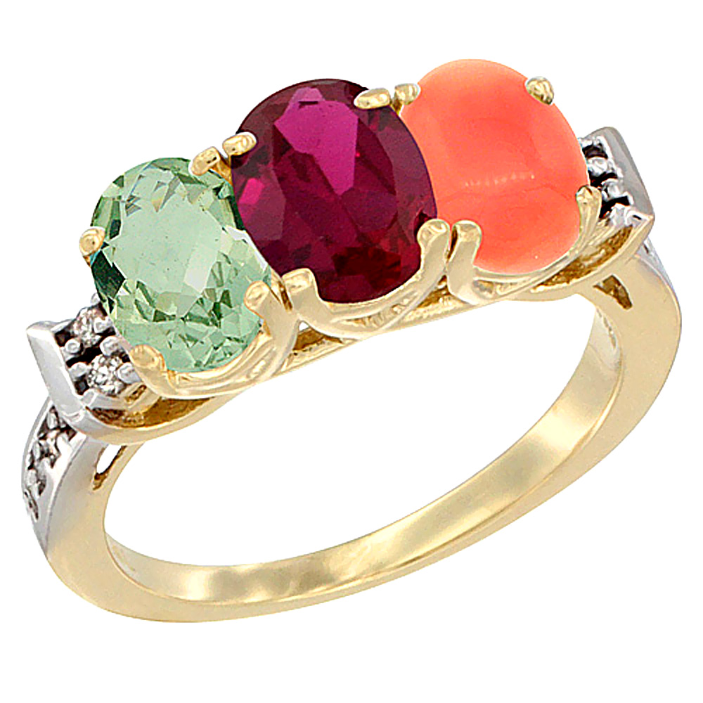 10K Yellow Gold Natural Green Amethyst, Enhanced Ruby & Natural Coral Ring 3-Stone Oval 7x5 mm Diamond Accent, sizes 5 - 10
