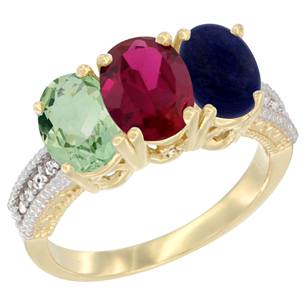 14K Yellow Gold Natural Green Amethyst, Enhanced Ruby &amp; Natural Lapis Ring 3-Stone 7x5 mm Oval Diamond Accent, sizes 5 - 10