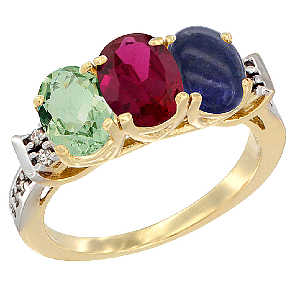 10K Yellow Gold Natural Green Amethyst, Enhanced Ruby &amp; Natural Lapis Ring 3-Stone Oval 7x5 mm Diamond Accent, sizes 5 - 10