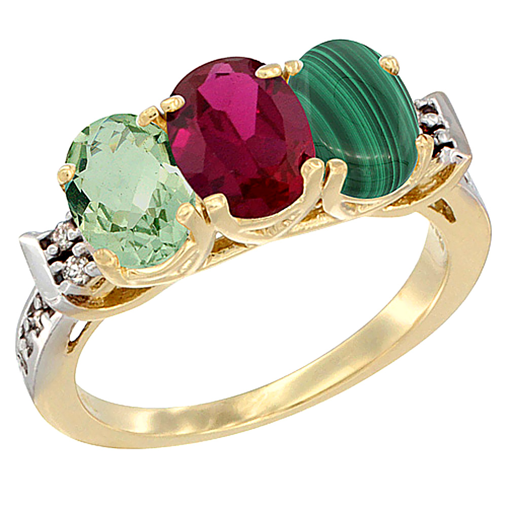 10K Yellow Gold Natural Green Amethyst, Enhanced Ruby &amp; Natural Malachite Ring 3-Stone Oval 7x5 mm Diamond Accent, sizes 5 - 10