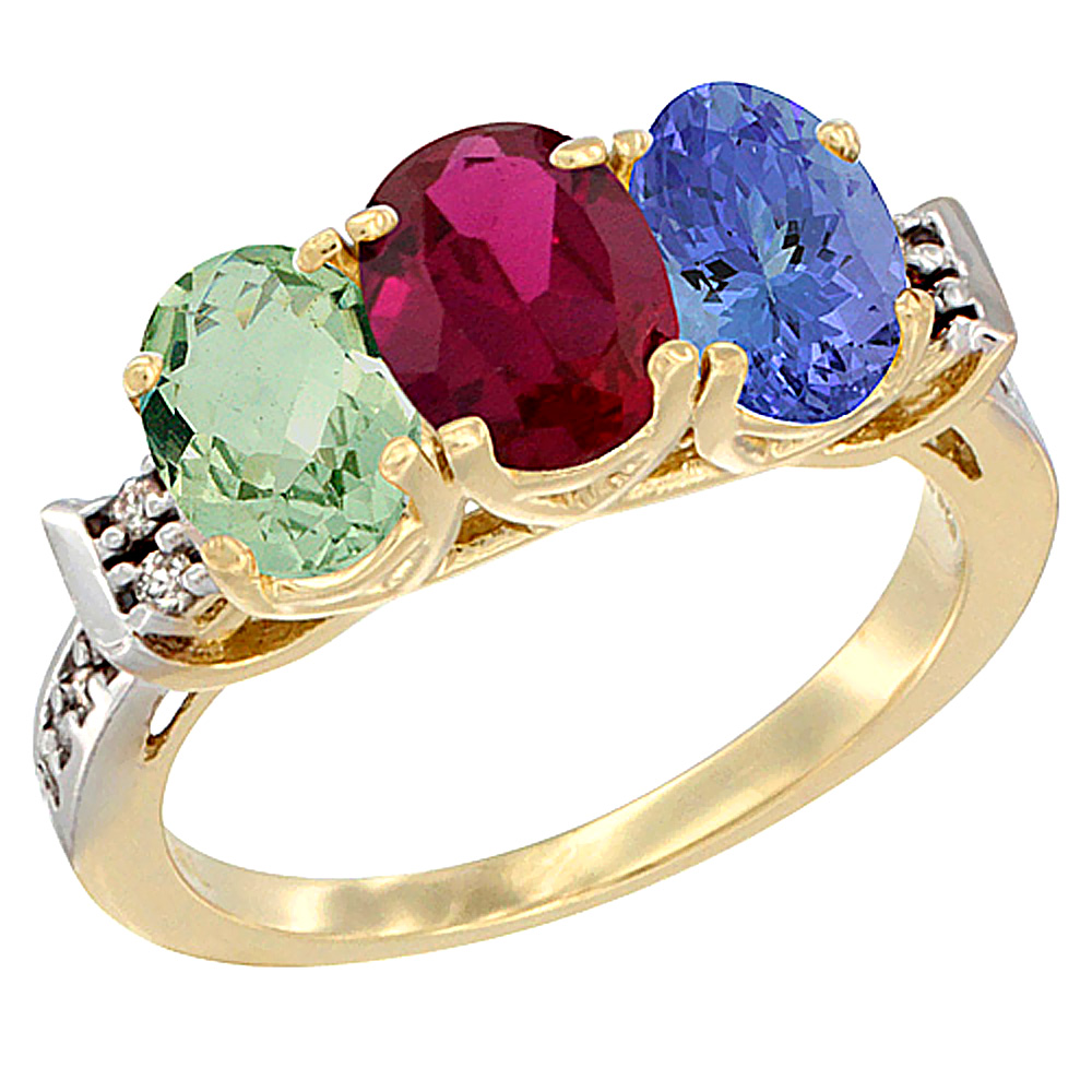 10K Yellow Gold Natural Green Amethyst, Enhanced Ruby & Natural Tanzanite Ring 3-Stone Oval 7x5 mm Diamond Accent, sizes 5 - 10
