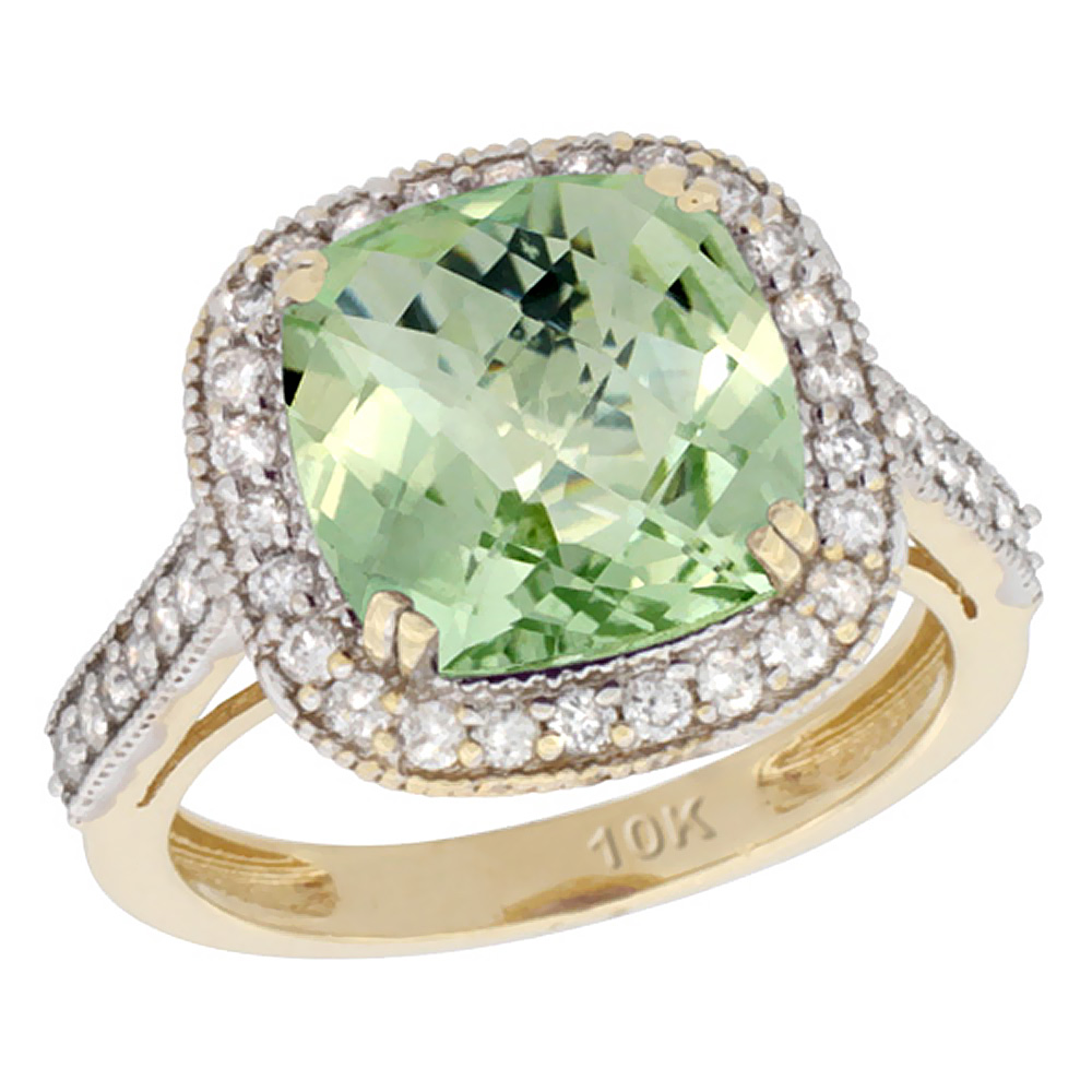 10k Yellow Gold Diamond Halo Genuine Green Amethyst Ring Cushion-cut 10x10mm sizes 5-10
