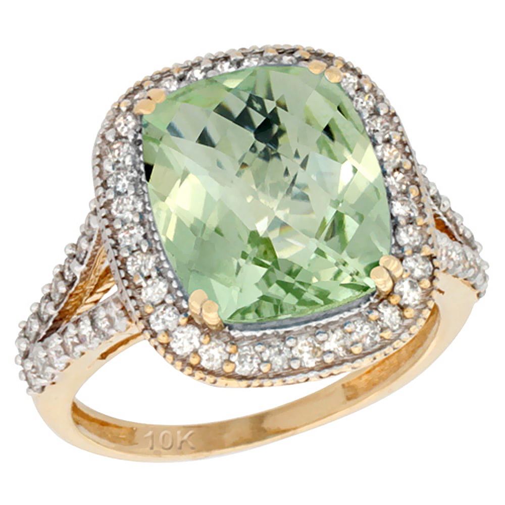 10k Yellow Gold Diamond Halo Genuine Green Amethyst Ring Cushion-cut 12x10mm sizes 5-10
