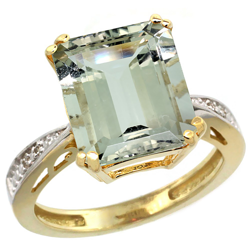 14K Yellow Gold Natural Diamond Green Amethyst Ring Emerald-cut 12x10mm, sizes 5-10